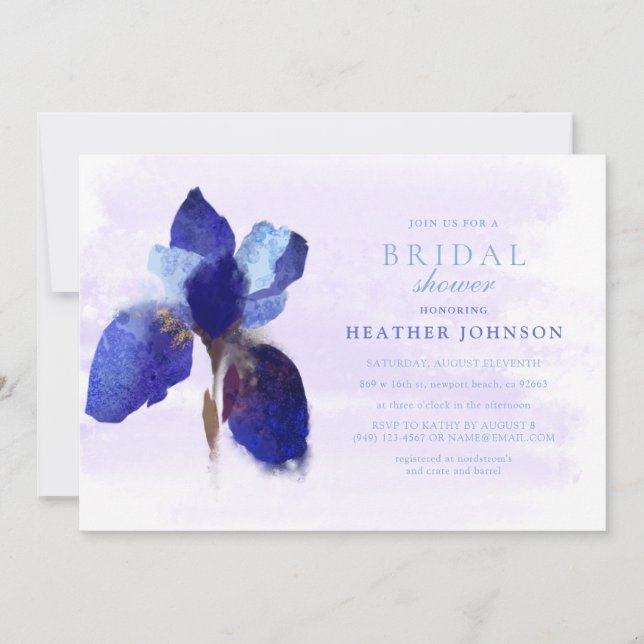 Chic Blue Iris Blume Botanical Watercolor Wedding Einladung (Vorderseite)