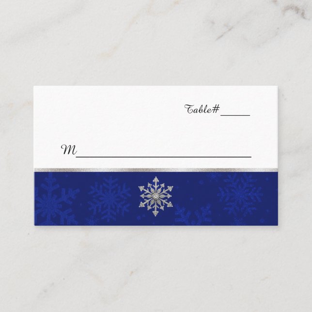 Chic Blue Jeweled Snowflake Wedding Platzkarte (Vorderseite)