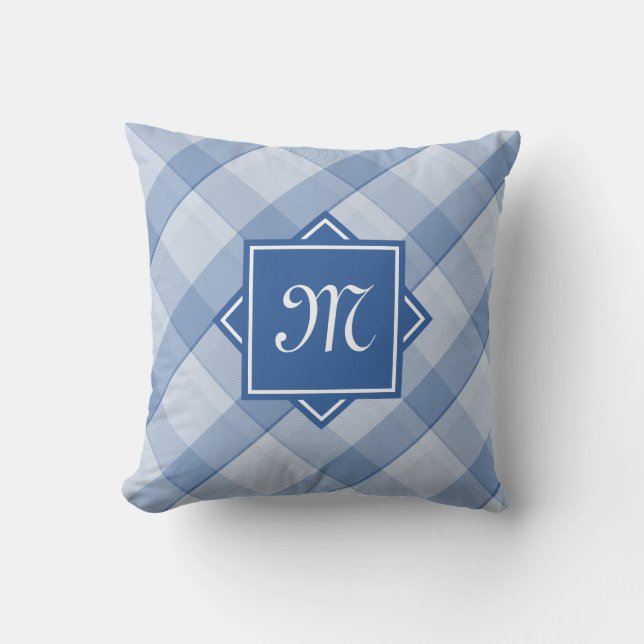 Chic Blue Kariert mit moderner Diagonal-Monogramm Kissen (Vorderseite)