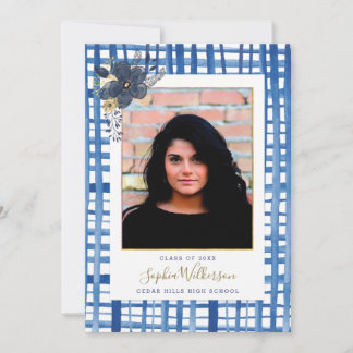 Chic Blue Kariert und Blume Abschluss Foto Ankündigung