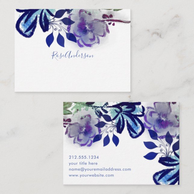 Chic Blue Lila Floral Typografie Mitteilungskarte (Vorne/Hinten)