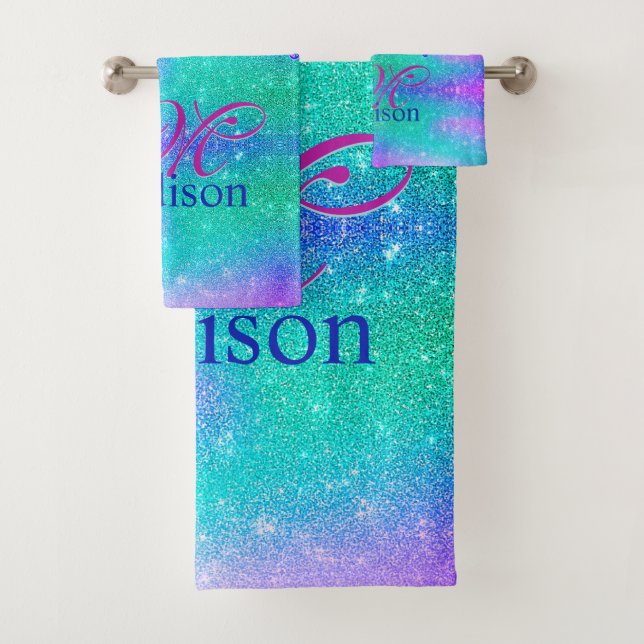 Chic blue lila ombre Glitzer Tropfen Monogramm Badhandtuch Set (Insitu)