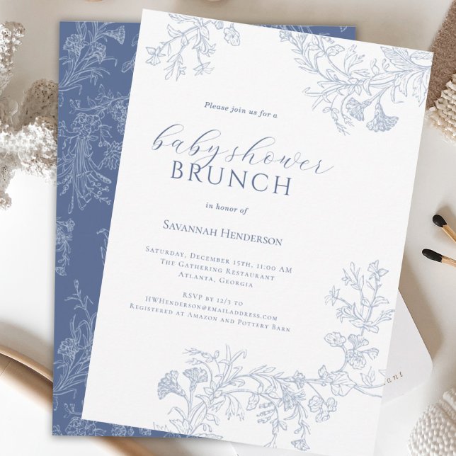 Chic Blue Line Dragezeichnete Blumenspülung Brunch Einladung (Von Creator hochgeladen)