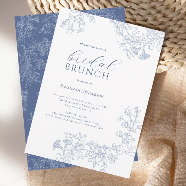 Chic Blue Line Gezeichnet Blumenbrunch Brautparty Einladung (Von Creator hochgeladen)