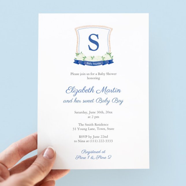 Chic Blue Nautical Monogram Boy Baby Shooting Part Einladung (Sophisticated nautical baby shower invite featuring a hand painted monogram crest in blue and white)