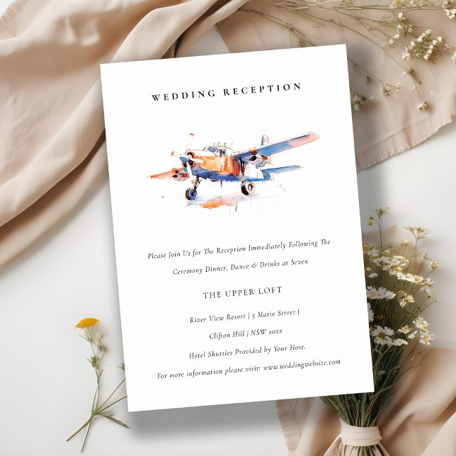 Chic Blue Orange Blush Airplane Hochzeitsempfang Begleitkarte (Von Creator hochgeladen)