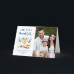 Chic Blue Peace Liebe Latkes Happy Hanukkah Foto Feiertagskarte<br><div class="desc">Senden Sie Ihre Wünsche mit dieser Foto-Ferienkarte,  die ein Hanukkah-Script und Watercolor-jüdische Feiertage-Symbole enthält,  um Ihre Begrüßungsbotschaft zu markieren.</div>