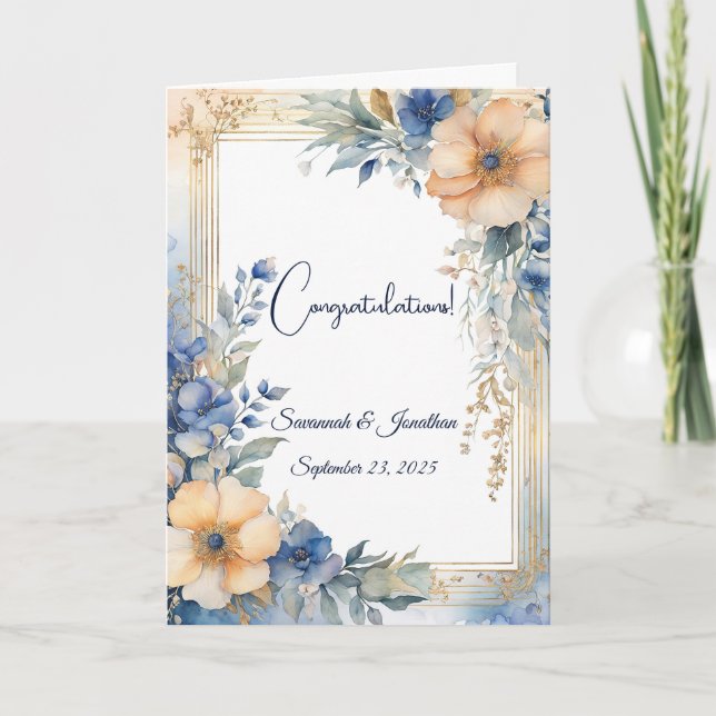 Chic Blue Peach Floral Personalisiert Wedding Karte (Vorderseite)