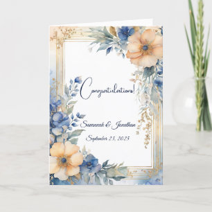 Chic Blue Peach Floral Personalisiert Wedding Karte
