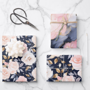 Chic Blue Pink Abstrakt Floral Geburtstag Geschenkpapier Set