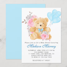 Chic Blue Pink Gray Teddy Bear Baby Dusche