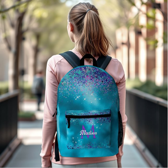 Chic Blue Pink Iridescent Glitzer Monogramm Bedruckter Rucksack (Von Creator hochgeladen)