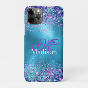 Chic Blue Pink Iridescent Glitzer Monogramm Case-Mate iPhone Hülle