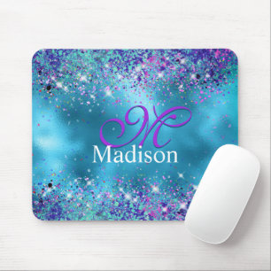 Chic Blue Pink Iridescent Glitzer Monogramm Mousepad