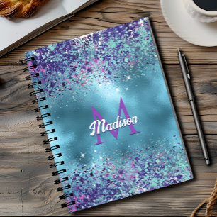 Chic Blue Pink Iridescent Glitzer Monogramm Notizbuch