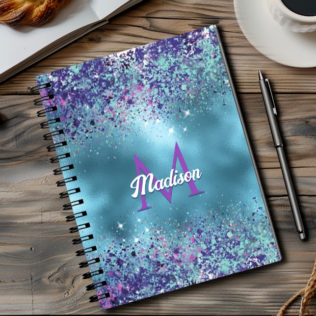 Chic Blue Pink Iridescent Glitzer Monogramm Notizbuch (Von Creator hochgeladen)