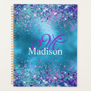 Chic Blue Pink Iridescent Glitzer Monogramm Planer