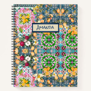 Chic blue pink sicilian citrus floral tiles dopp notizbuch