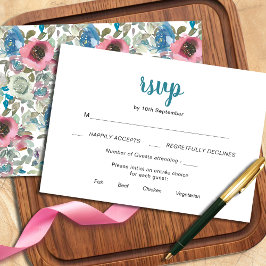 Chic Blue & Pink Watercolor Floral Wedding RSVP Karte
