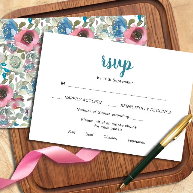 Chic Blue & Pink Watercolor Floral Wedding RSVP Karte (Von Creator hochgeladen)