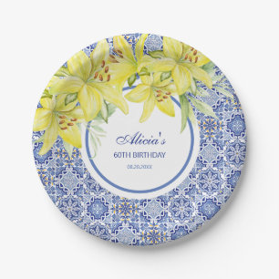 Chic Blue Portugiesisch Azulejo Yellow Lily Geburt Pappteller