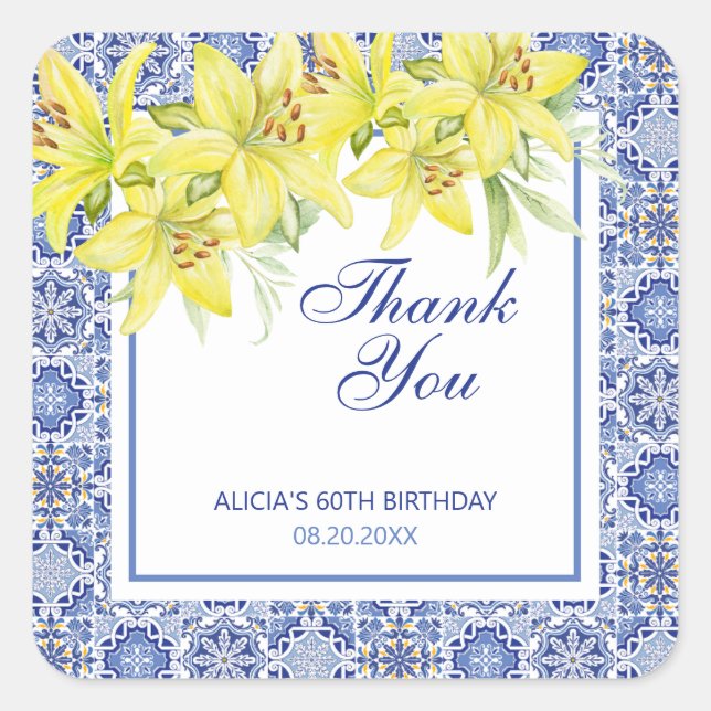 Chic Blue Portugiesisch Azulejo Yellow Lily Vielen Quadratischer Aufkleber (Vorderseite)