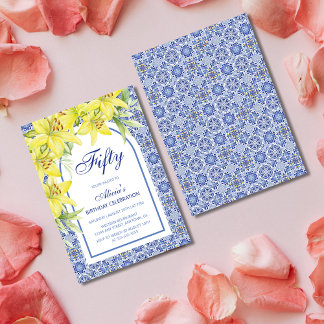 Chic Blue Portuic Azulejo Lily Floral Geburtstag Einladung