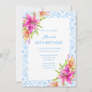 Chic Blue Portuic Azulejo Mosaic Lily Birthday Einladung