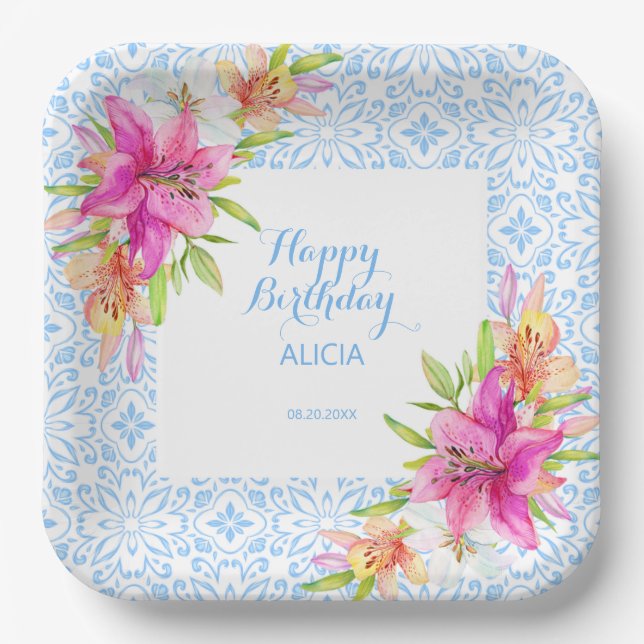 Chic Blue Portuic Azulejo Mosaic Lily Birthday Pappteller (Vorderseite)