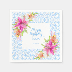 Chic Blue Portuic Azulejo Mosaic Lily Birthday Serviette