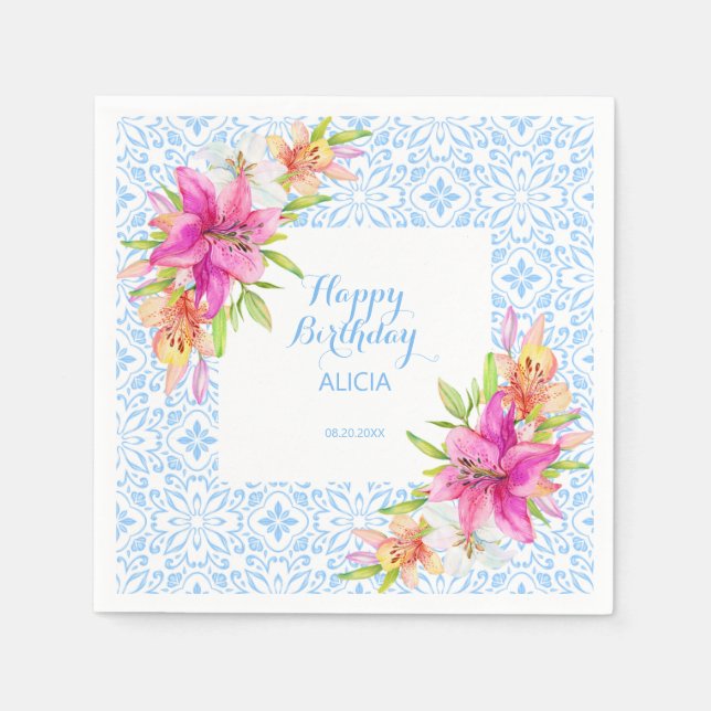 Chic Blue Portuic Azulejo Mosaic Lily Birthday Serviette (Vorderseite)
