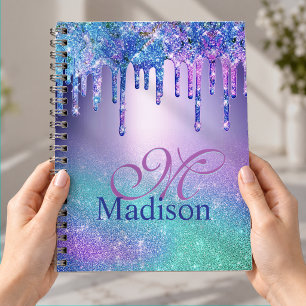 Chic blue purple ombre glitter drips monogram notizblock