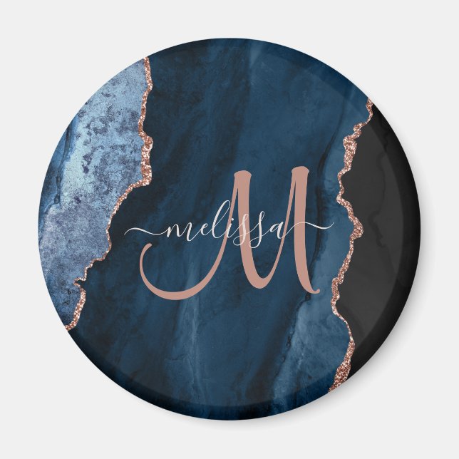 Chic Blue Rose Gold Agate Script Monogram Custom Magnet (Vorne)