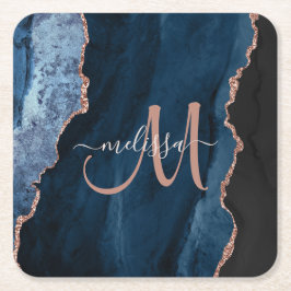 Chic Blue Rose Gold Agate Script Monogram Custom Rechteckiger Pappuntersetzer