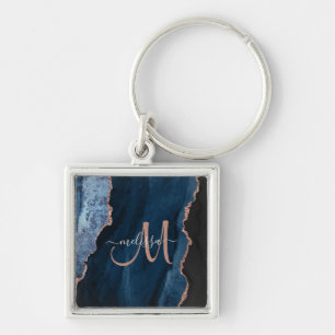 Chic Blue Rose Gold Agate Script Monogram Custom Schlüsselanhänger