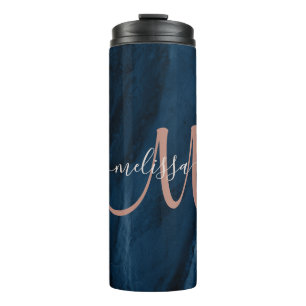 Chic Blue Rose Gold Agate Script Monogram Custom Thermosbecher