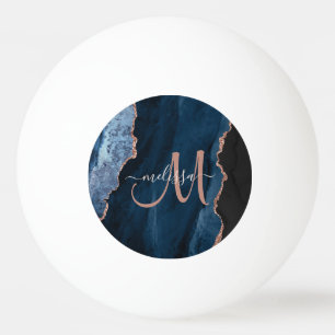 Chic Blue Rose Gold Agate Script Monogram Custom Tischtennisball