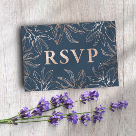 Chic Blue & Rose Gold Foliage UAWG QR Code Wedding RSVP Karte