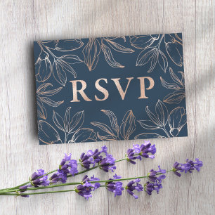 Chic Blue & Rose Gold Foliage UAWG QR Code Wedding RSVP Karte