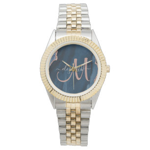 Chic Blue Rose Gold Glitzer Agate Custom Monogram Armbanduhr