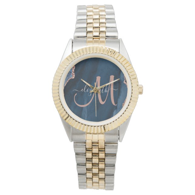 Chic Blue Rose Gold Glitzer Agate Custom Monogram Armbanduhr (Vorderseite)