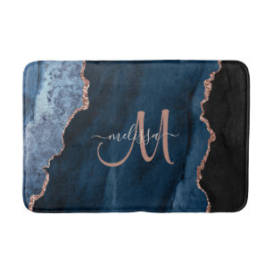 Chic Blue Rose Gold Glitzer Agate Custom Monogram Badematte