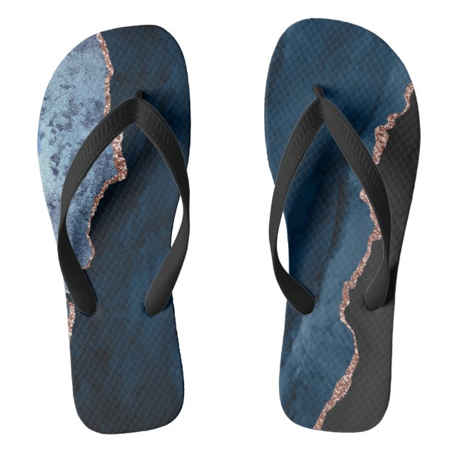 Chic Blue Rose Gold Glitzer Agate Custom Monogram Flip Flops (Fußbett)