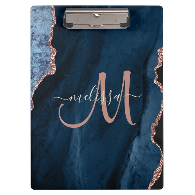 Chic Blue Rose Gold Glitzer Agate Custom Monogram Klemmbrett (Vorderseite)