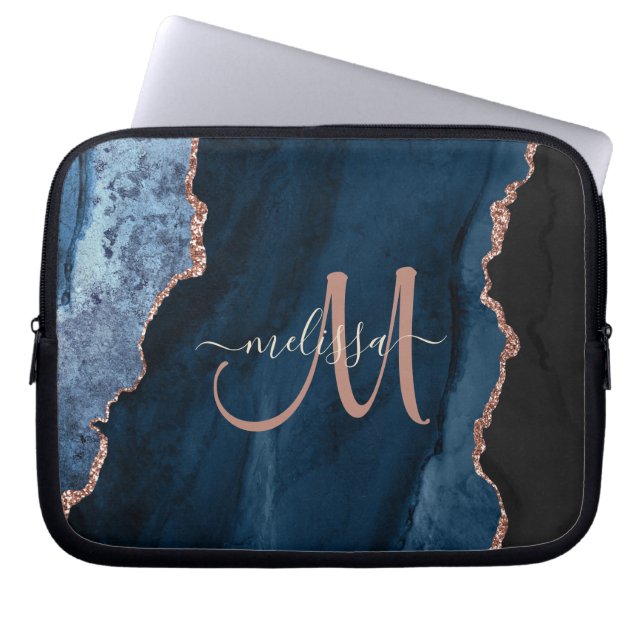 Chic Blue Rose Gold Glitzer Agate Custom Monogram Laptopschutzhülle (Vorderseite)