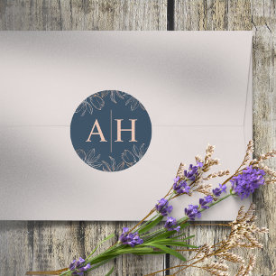 Chic Blue & Rose Gold Monogram Wedding Runder Aufkleber