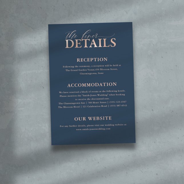 Chic Blue & Rose Gold Typografy Wedding Details Begleitkarte (Von Creator hochgeladen)