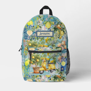 Chic blue sicilian crus collage floral tiles bedruckter rucksack
