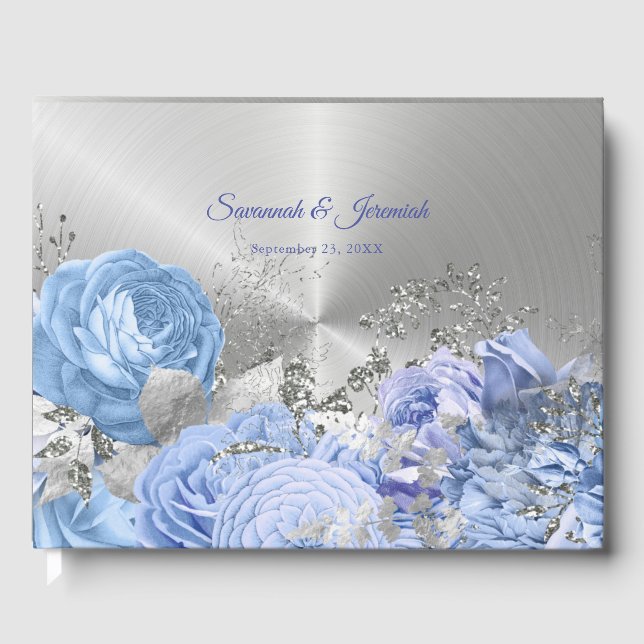 Chic Blue Silver Floral Anpassbare Hochzeit Gästebuch (Vorderseite)