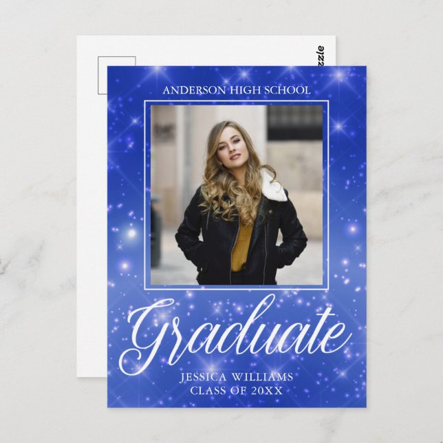 Chic Blue Sparkle Graduate Foto Abschluss Postkarte (Vorne/Hinten)